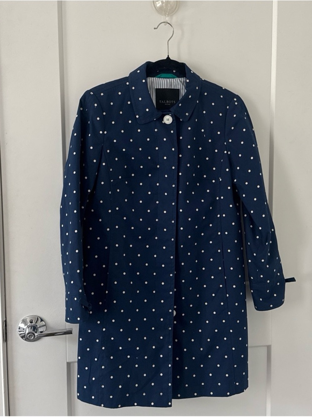 Talbots Navy and White Polka Dot Trench Coat